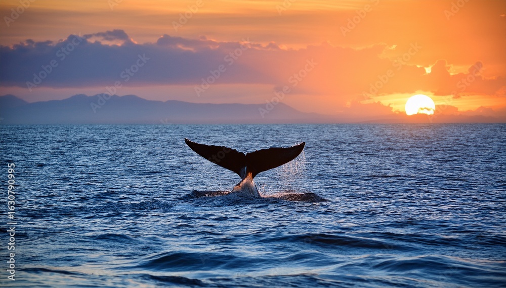 Fototapeta premium whale tail breaches ocean surface sunrise over a vast blue sea