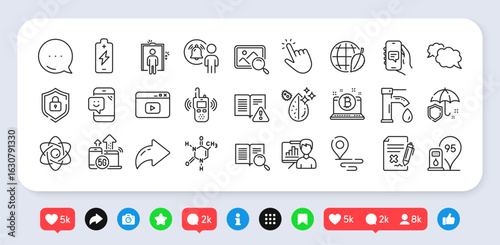 Presentation board, Chemical formula and Reject file line icons pack. Social media: share, comment, like icons. 5g internet, Atom core, Environment day web icon. Vector