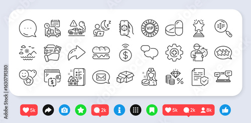 Medicine, Medical drugs and Certificate line icons pack. Social media: share, comment, like icons. Wallet, Chat message, 3d app web icon. Money tax, Winner, Search text pictogram. Vector