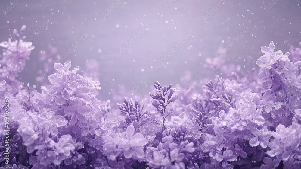 Obraz premium Lavender lilac blossoms with falling snowflakes in dreamy winter scene