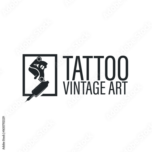 black silhouette illustration logo tattoo machine with vintage old retro minimalist concept template symbol tattoo studio design