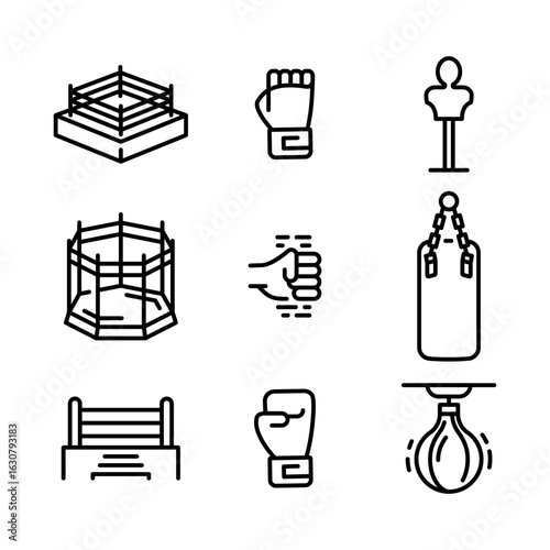 Boxing icon set with punching bag, boxing ring, gloves, and combat sport elements, editable stroke