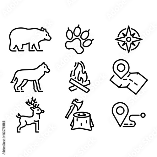 Camping and Wilderness Icons. Bear, Wolf, Deer, Compass, Paw Print, Map, Campfire, Axe Editable Stroke