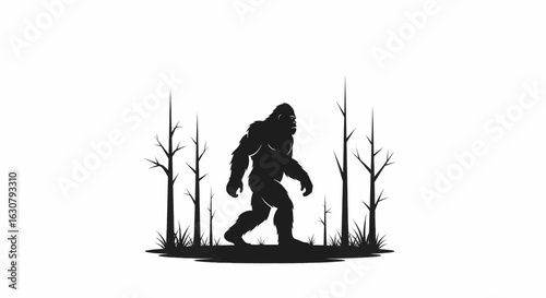 Silhouette of the legendary Bigfoot creature walking through a mysterious, barren forest. A Sasquatch myth illustration.