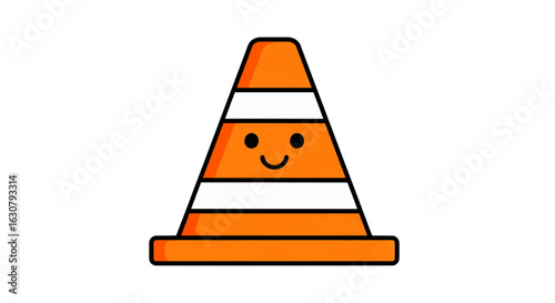 A cute cartoon traffic cone character with a happy smiling face. Vector illustration of a friendly safety pylon mascot for construction themes, isolated on a white background.