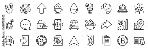 Smile, Lock and Salad line icons pack. Share, Message, Paper plane icons. Instruction manual, Upload, Login web icon. Bitcoin, Plants watering, Coffee cup pictogram. Vector