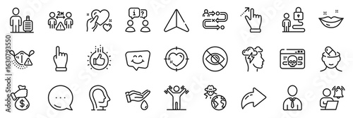 Lips, Lock and Psychology line icons pack. Share, Message, Paper plane icons. Like hand, Click hand, Journey path web icon. Wash hands, Social distance, Human pictogram. Vector