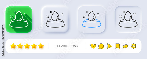 Bowl with water line icon. Neumorphic, Flat shadow, 3d buttons. Pets feeding sign. Pet drink symbol. Line water bowl icon. Social media icons. Vector