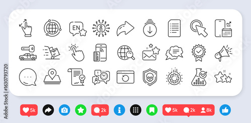 Time management, Touchpoint and Click here line icons pack. Social media: share, comment, like icons. Internet search, Stars, Approved agreement web icon. Vector