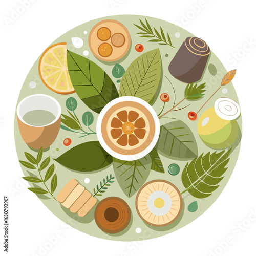 Wellness Mandala Top View with Herbal Tea and Spa Elements