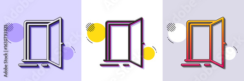 Open door line icon. Halftone dotted pattern. Gradient icon with grain shadow. Entrance doorway sign. Building entry symbol. Line open door icon. Various designs. Vector