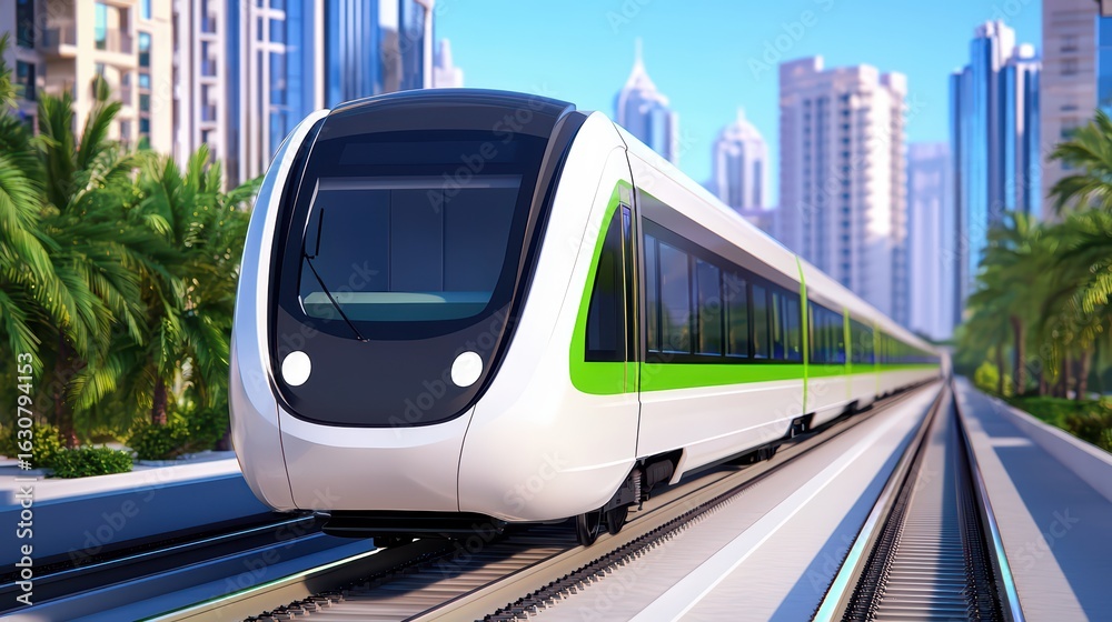 Naklejka premium Modern Urban Train Passing Through City Landscape with Palm Trees