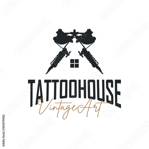 black silhouette illustration logo tattoo machine with vintage old retro minimalist concept template symbol tattoo studio design