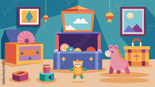 A playroom filled with handcrafted toys and a handpainted toy chest adding a special touch to a childs space.