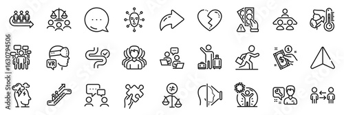 Broken heart, Teamwork and Puzzle line icons pack. Share, Message, Paper plane icons. People chatting, Stress, Augmented reality web icon. Queue, Coronavirus protection, Escalator pictogram. Vector