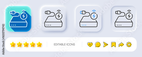 Power bank line icon. Neumorphic, Flat shadow, 3d buttons. Mobile accessories sign. Charge battery symbol. Line power bank icon. Social media icons. Vector