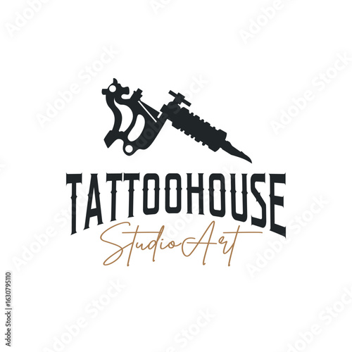 black silhouette illustration logo tattoo machine with vintage old retro minimalist concept template symbol tattoo studio design