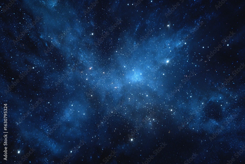 Fototapeta premium Starry sky background, blue night sky full of stars, glowing stars in the dark space, starry background, dark night, stars in the distance, starlight, dark background with a blue glow, night sky. 