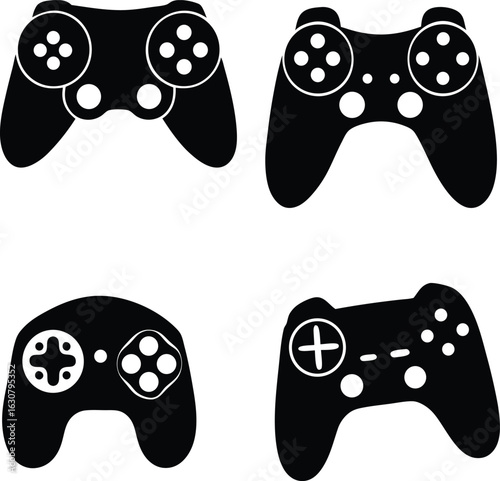 Set of four black video game controller silhouettes. Modern and retro gamepad joystick icons.