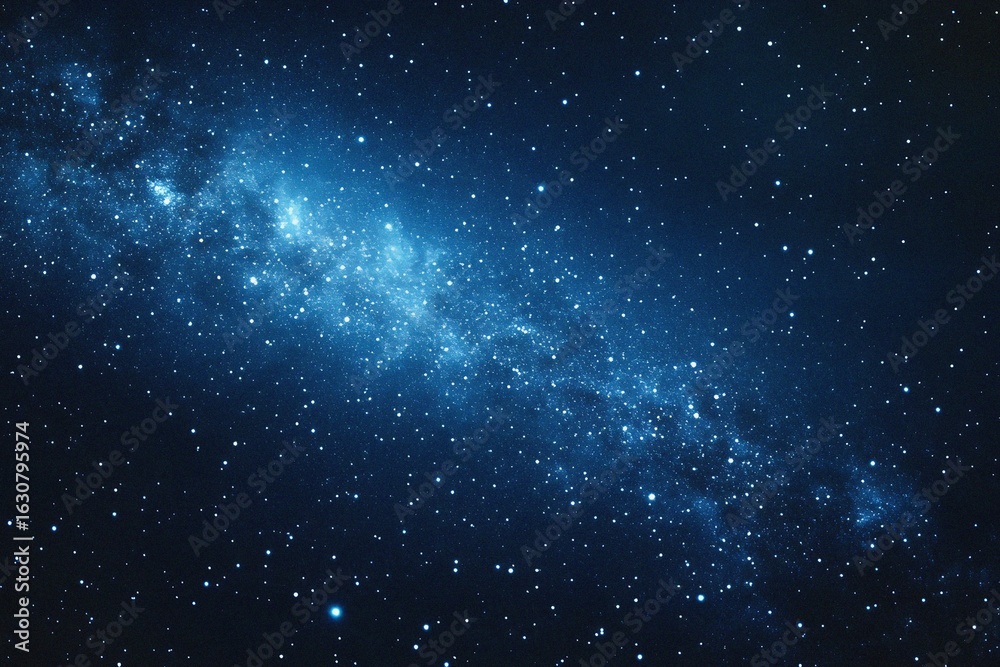 Fototapeta premium Starry sky background, blue night sky full of stars, glowing stars in the dark space, starry background, dark night, stars in the distance, starlight, dark background with a blue glow, night sky. 