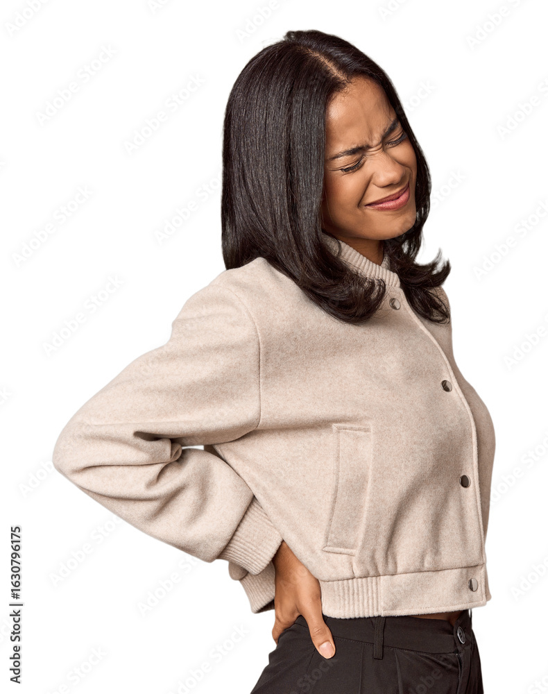 Young filipino woman suffering a back pain. Young filipino woman suffering a back pain.