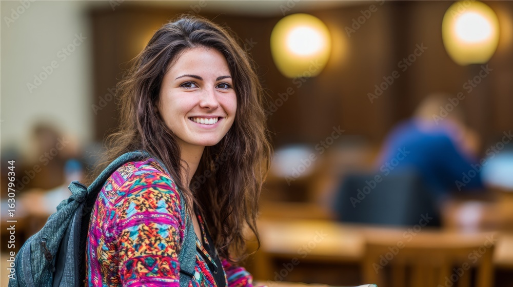Obraz premium A young girl smiling brightly in a pastel dental clinic, exuding warmth and positivity. 