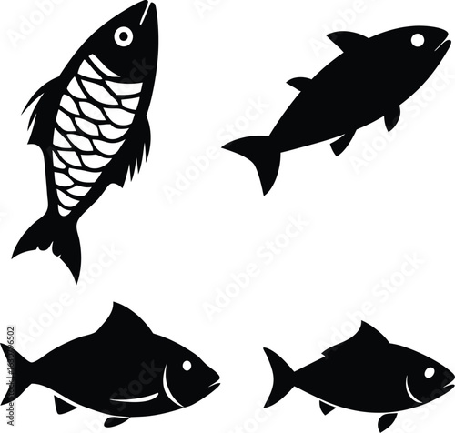 Set of four black fish silhouettes in various poses isolated on a white background