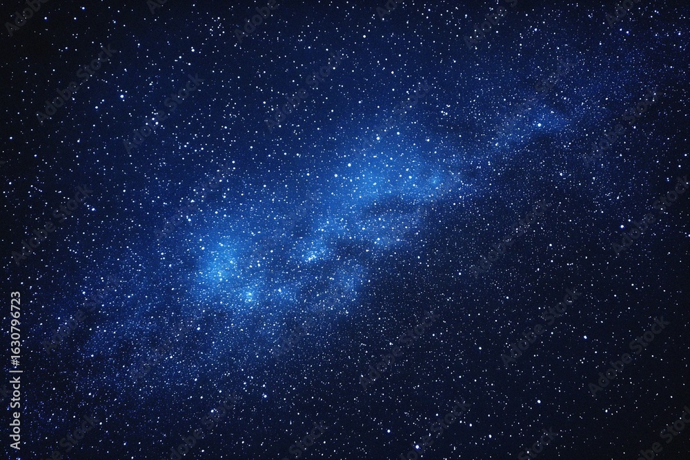 Fototapeta premium Starry sky background, blue night sky full of stars, glowing stars in the dark space, starry background, dark night, stars in the distance, starlight, dark background with a blue glow, night sky. 