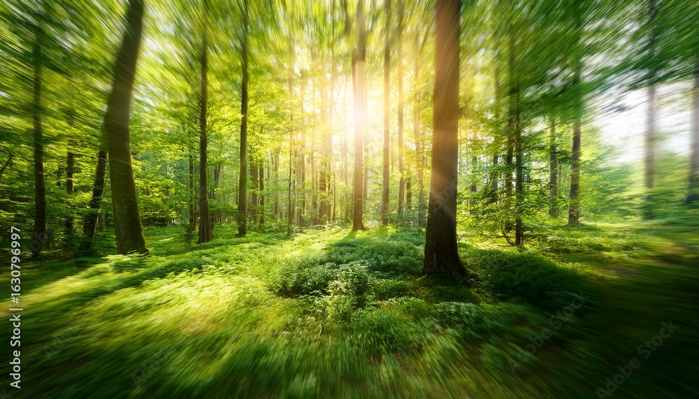 Obraz premium lush green forest with motion blur effect in summer sunlight
