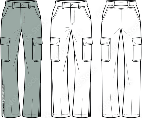 Cargo pants fashion sketch, technical drawing, front view, side pocket detail, belt loops, button closure, straight-leg cut, garment design reference