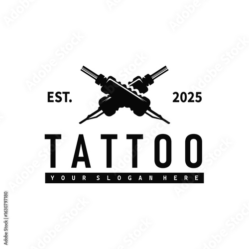 black silhouette illustration logo tattoo machine with vintage old retro minimalist concept template symbol tattoo studio design