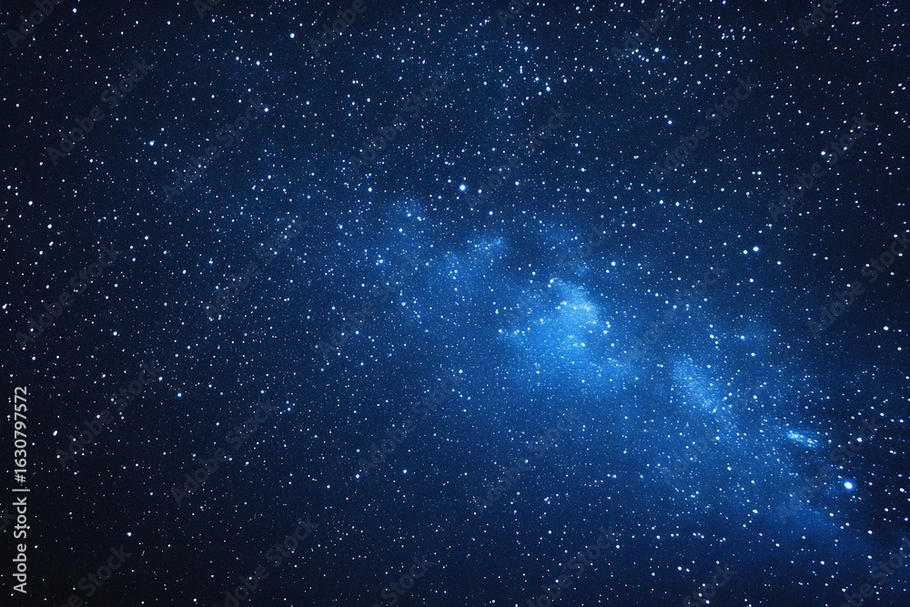 Fototapeta premium Starry sky background, blue night sky full of stars, glowing stars in the dark space, starry background, dark night, stars in the distance, starlight, dark background with a blue glow, night sky. 