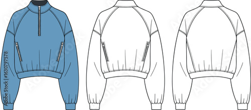 Cropped jacket design, half-zip front, high collar, raglan sleeves, zippered pockets, elastic cuffs, waistband, fashion sketch, technical drawing, garment illustration