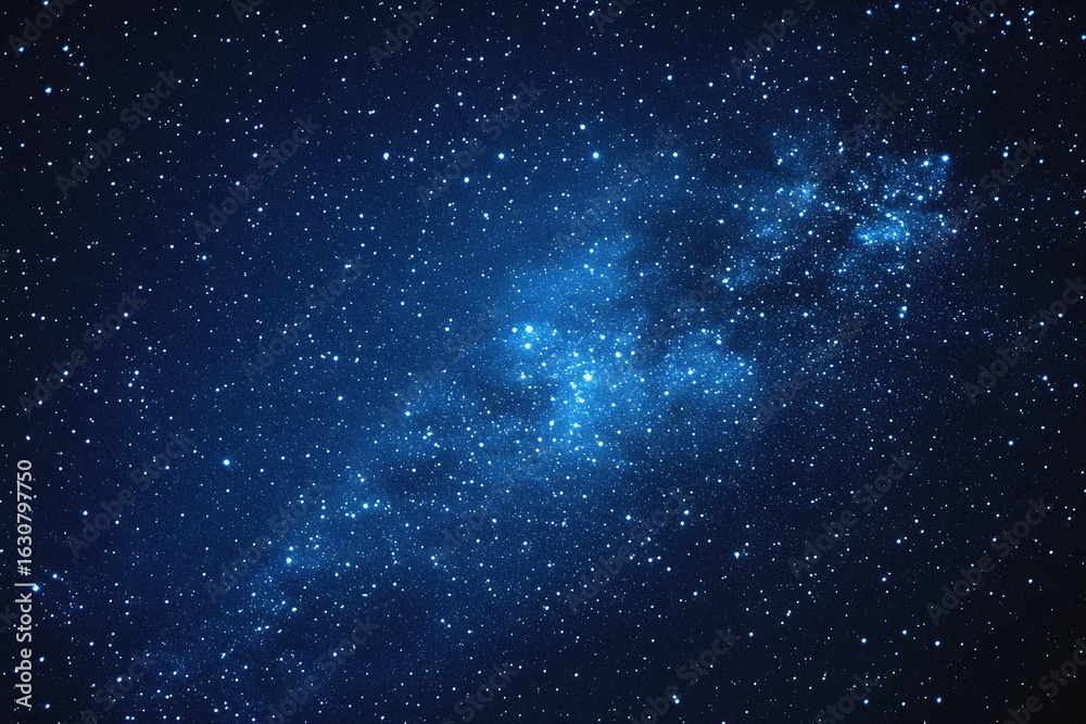 Fototapeta premium Starry sky background, blue night sky full of stars, glowing stars in the dark space, starry background, dark night, stars in the distance, starlight, dark background with a blue glow, night sky. 