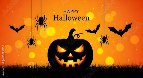 Spooky halloween night with a jack o lantern bats and spiders on an orange bokeh background