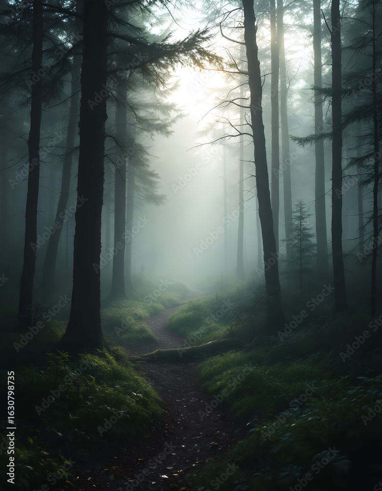 Fototapeta premium Misty Forest Path Sunlight Through Foggy Woods