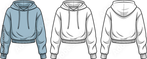 Hooded sweatshirt front and back view, drawstring hoodie, ribbed cuffs, long sleeves, casual wear, fashion template, apparel illustration, clothing design