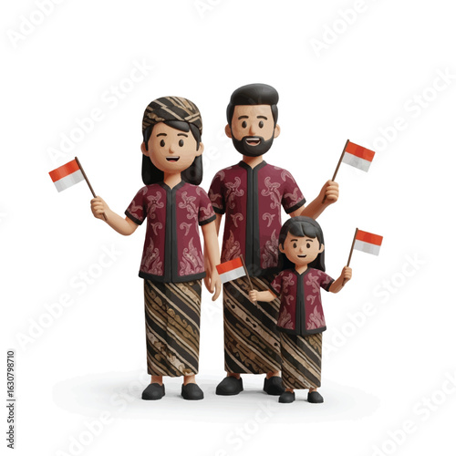 Indonesian family in traditional attire proudly holding Indonesian flags.