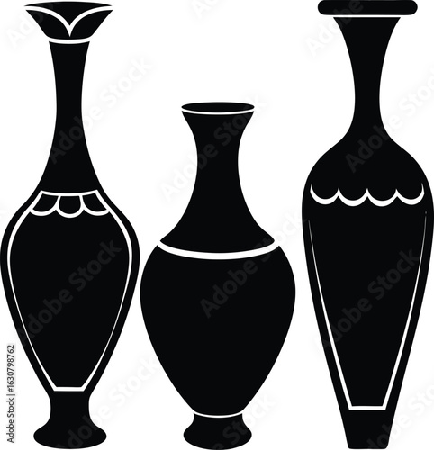 Collection of three elegant black vase silhouettes with decorative white line art details