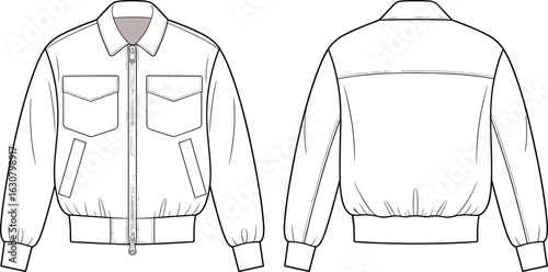 Jacket technical sketch, front and back view, zipper closure, flap chest pockets, elastic hem, fashion drawing, garment design, apparel