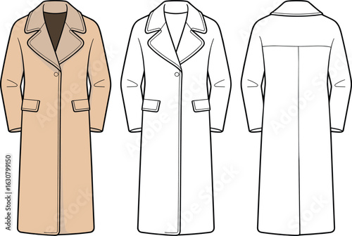 Long coat technical drawing, front back views, wide lapel collar, flap pockets, single button closure, garment design, fashion illustration