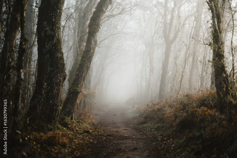 Obraz premium Misty Forest Path A Serene Autumn Woodland Scene