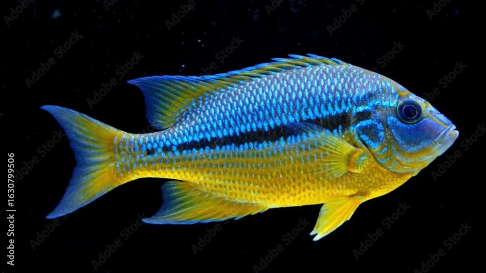 Vibrant Jewel: Close-Up of a Blue and Yellow Fish Swimming in Dark Water Vibrant Jewel: Close-Up of a Blue and Yellow Fish Swimming in Dark Water