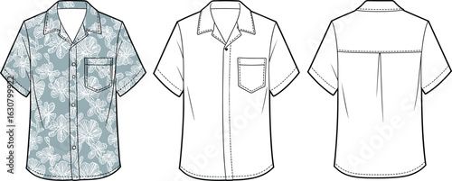 Short-sleeve shirt design, button-up front, floral pattern, collar detail, chest pocket, back view, center pleat, yoke, fashion sketch, garment illustration