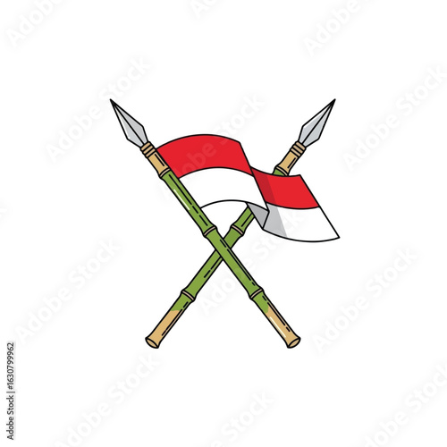 Illustration of crossed spears with a red and white flag, symbolizing Indonesian heritage.