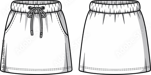 Skirt technical drawing, front and back view, elastic waistband, drawstring tie, side pockets, stitching detail, fashion sketch, apparel template