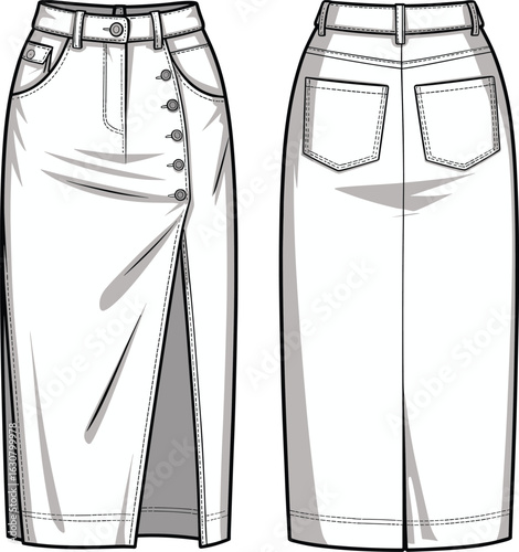 Skirt technical drawing, front and back view, high waist, button fly, midi length, slit detail, fashion sketch, garment template, pockets
