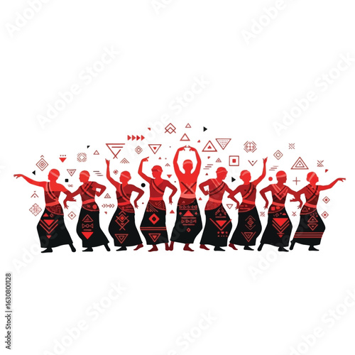 Stylized silhouettes of dancing figures in vibrant red and black, showcasing tribal patterns and geometric designs.
