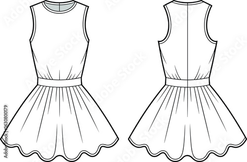 Sleeveless dress, fitted bodice, flared skirt, round neckline, pleated hem, scalloped edge, front view, back view, fashion sketch, garment illustration