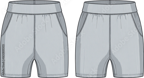 Striped shorts technical drawing, front view, elastic waistband, side pockets, casualwear design, fashion sketch, garment template, lightweight fabric illustration